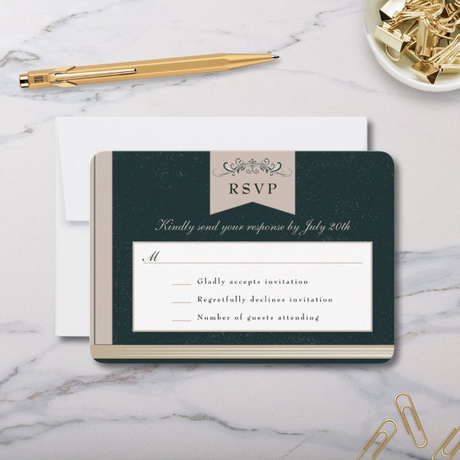 Elegante tarjeta RSVP de la cubierta del libro de  (Elegant Vintage Library Wedding Book Cover RSVP response card in black and tan floral design)