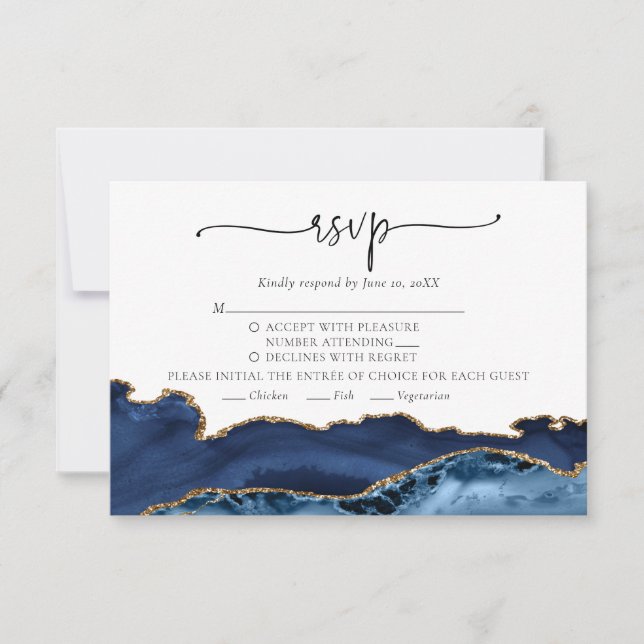 Elegante tarjeta RSVP de la Marina Blue Gold Agate (Anverso)