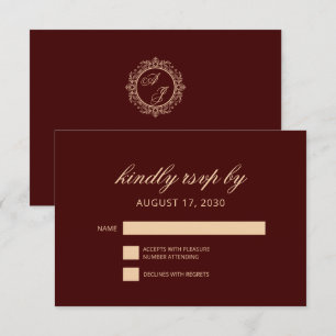 Elegante tarjeta RSVP de Lujo Monograma Dorado Bor