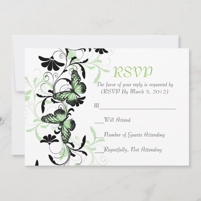 Elegante tarjeta RSVP de mariposa verde floral (Anverso)