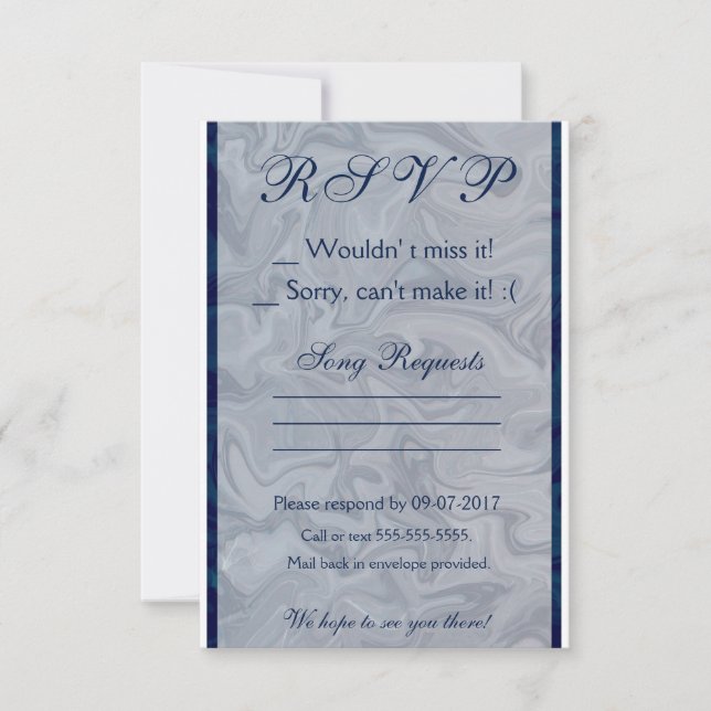 Elegante tarjeta RSVP de mármol azul y gris (Anverso)
