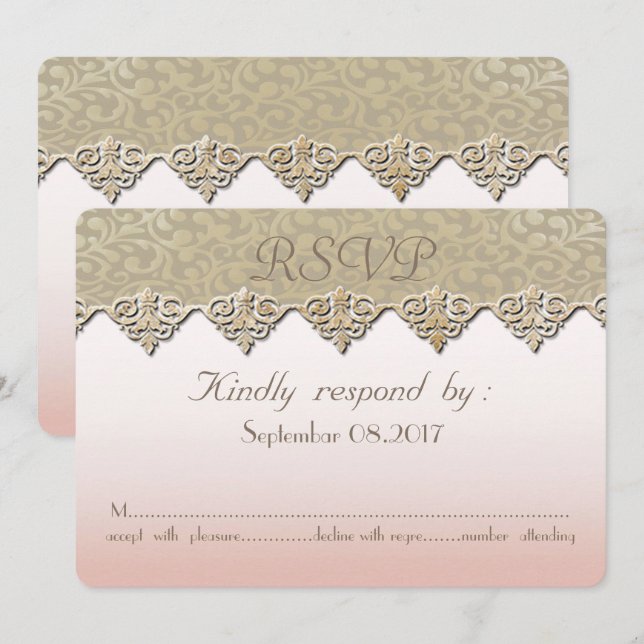 Elegante tarjeta RSVP de matrimonio Damask de Moda (Anverso / Reverso)
