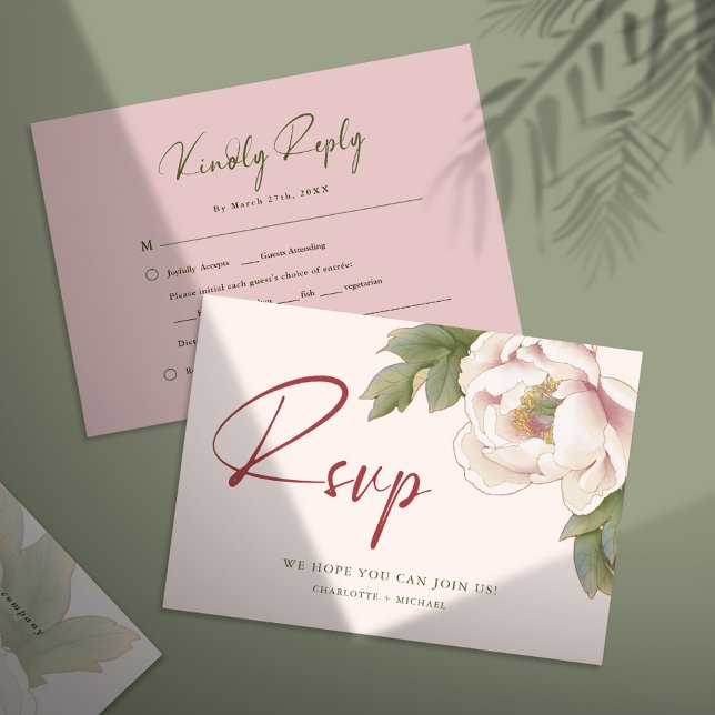 Elegante tarjeta RSVP de matrimonio floral de peon (Subido por el creador)