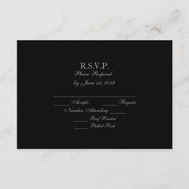 Elegante tarjeta RSVP de matrimonio formal negro y (Anverso)