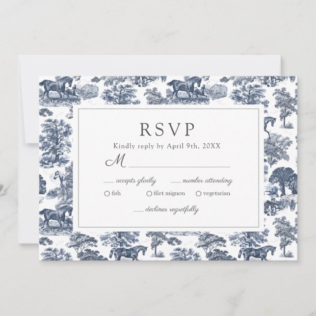 Elegante tarjeta RSVP de Moda Vintage Blue Toile (Anverso)