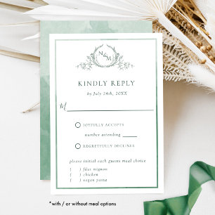 Elegante tarjeta RSVP de Monograma Verde y Acuarel