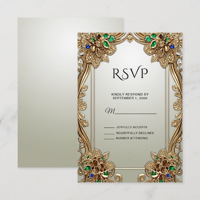 Elegante tarjeta RSVP de Ornate Gold (Anverso / Reverso)