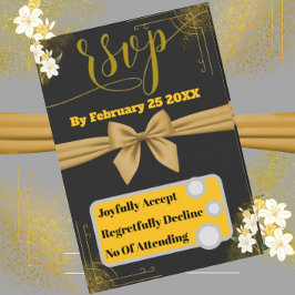 Elegante tarjeta RSVP de Oro y Boda Negra con Flor