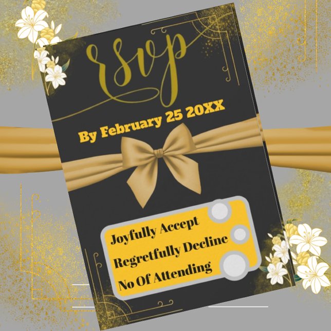 Elegante tarjeta RSVP de Oro y Boda Negra con Flor (Subido por el creador)