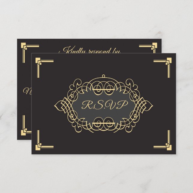 Elegante tarjeta RSVP de recepción Art Déco (Anverso / Reverso)