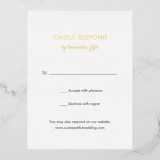 Elegante tarjeta RSVP de Relieve metalizado Boda m (Anverso)