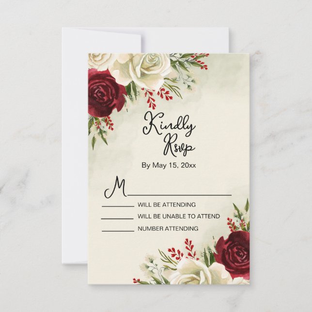 Elegante tarjeta RSVP de Rosas Blancas Rojas Vinta (Anverso)