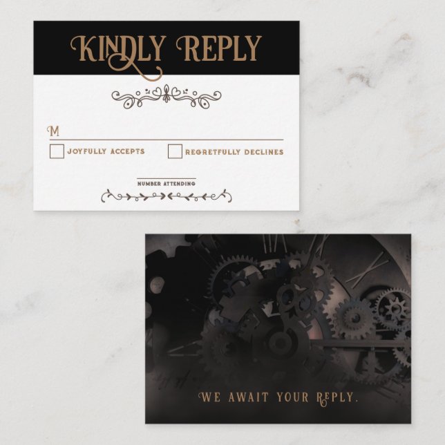 Elegante tarjeta RSVP de Steampunk negro (Anverso / Reverso)