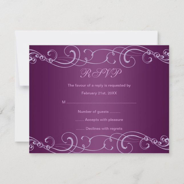 Elegante Tarjeta RSVP De Swirl Púrpura (Anverso)