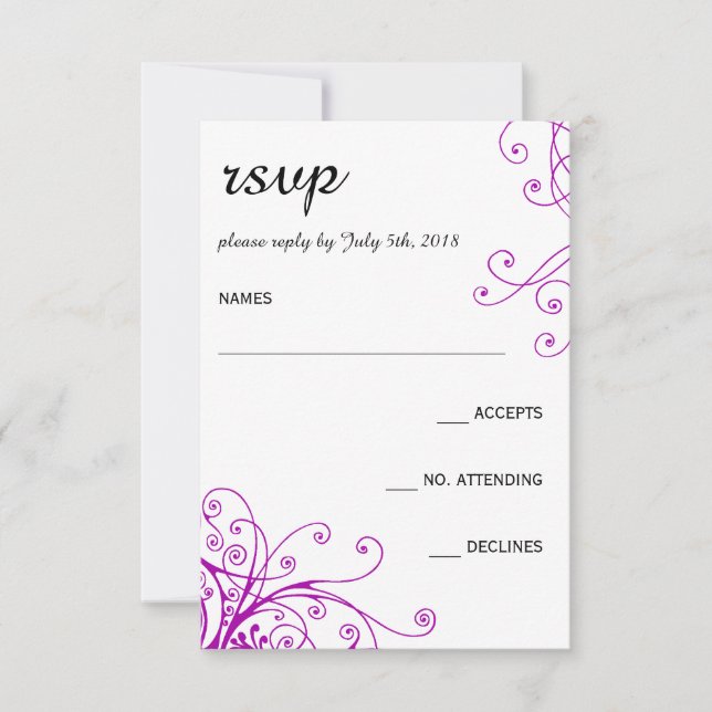 Elegante tarjeta RSVP de Swirls Purple Wedding (Anverso)