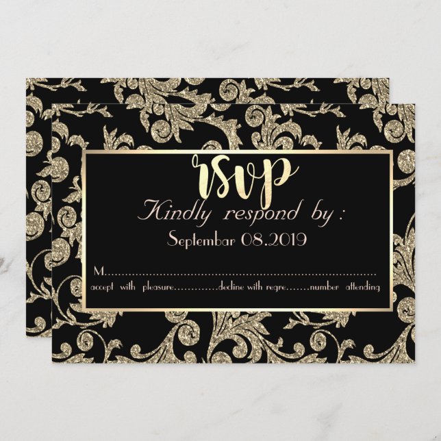 Elegante tarjeta RSVP de Swirls Purpurina dorado (Anverso / Reverso)