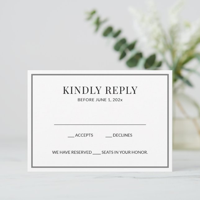 Elegante tarjeta RSVP en blanco y negro (Anverso de pie)