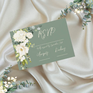 Elegante tarjeta RSVP floral blanca verde