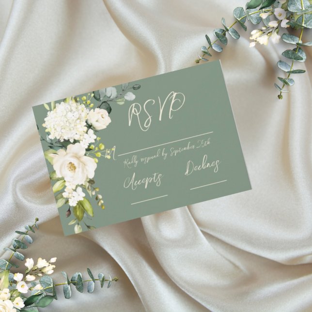 Elegante tarjeta RSVP floral blanca verde (Subido por el creador)