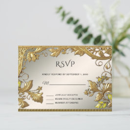 Elegante tarjeta RSVP floral con decoración dorada