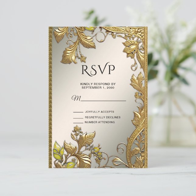 Elegante tarjeta RSVP floral con decoración dorada (Anverso de pie)