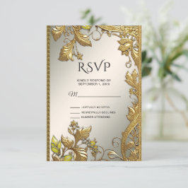 Elegante tarjeta RSVP floral con decoración dorada