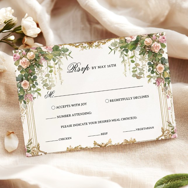 Elegante tarjeta RSVP floral con marco dorado vint (Subido por el creador)
