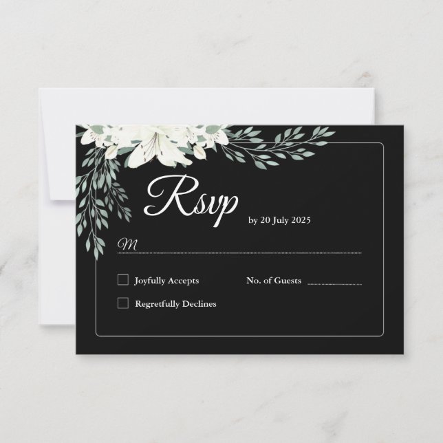 Elegante tarjeta RSVP floral negra con lirio blanc (Anverso)