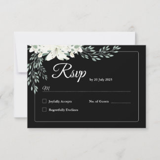 Elegante tarjeta RSVP floral negra con lirio blanc