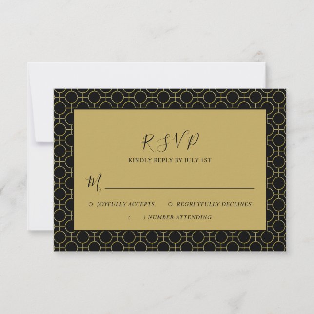 Elegante tarjeta RSVP formal de Boda Negra y Oro (Anverso)