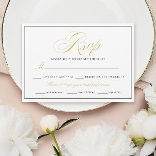 Elegante tarjeta RSVP Gold con borde negro en blan