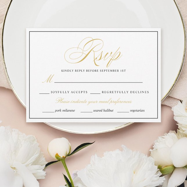 Elegante tarjeta RSVP Gold con borde negro en blan (Subido por el creador)