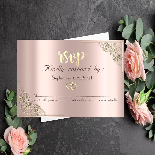 Elegante tarjeta RSVP Gold Hearts Rosa Gold (Subido por el creador)