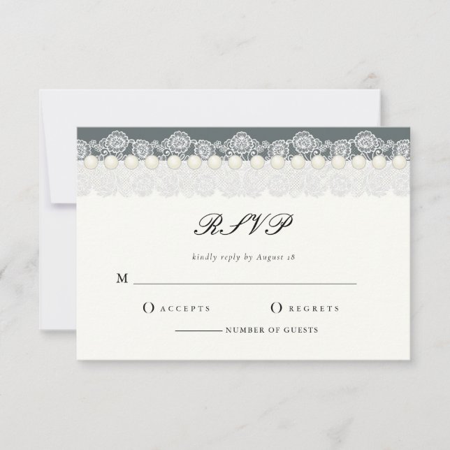 Elegante tarjeta RSVP Lace And Pearls (Anverso)