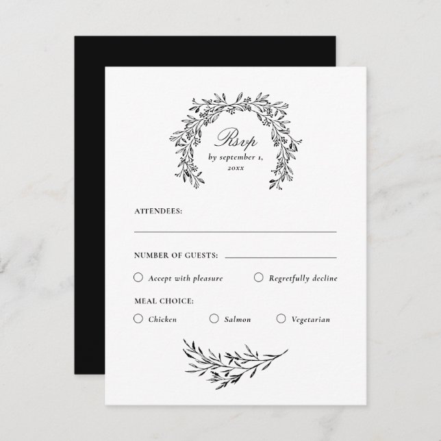 Elegante tarjeta RSVP para comidas en blanco y neg (Anverso / Reverso)