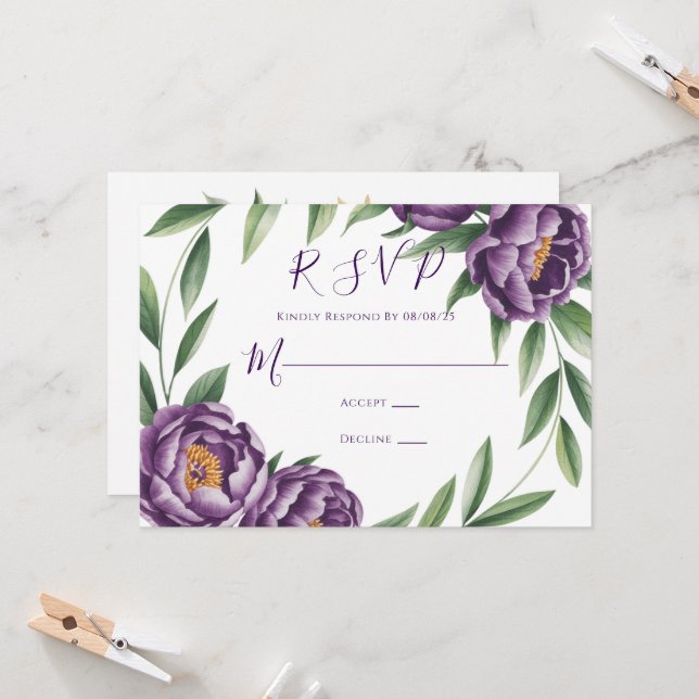 Elegante tarjeta RSVP para parejas moradas (Anverso/Reverso In Situ)