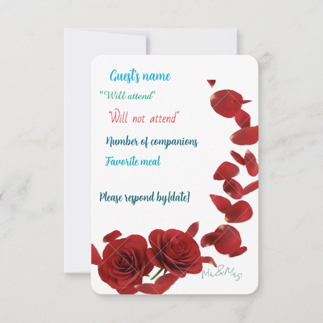 Elegante Tarjeta RSVP Rosa Roja - Resp Boda románt (Anverso)