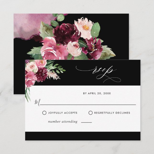 Elegante tarjeta RSVP rosa y negra de Rubor en Bor (Anverso / Reverso)