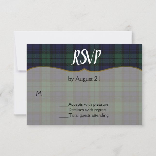 Elegante tarjeta RSVP Tartán Wedding de reloj negr (Anverso)