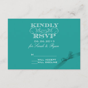Elegante tarjeta RSVP turquesa con cinta de opcion