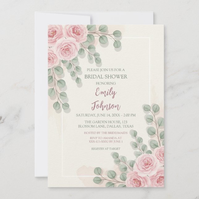 Elegante tarjeta Rubor Floral Bridal Shower Invita (Anverso)