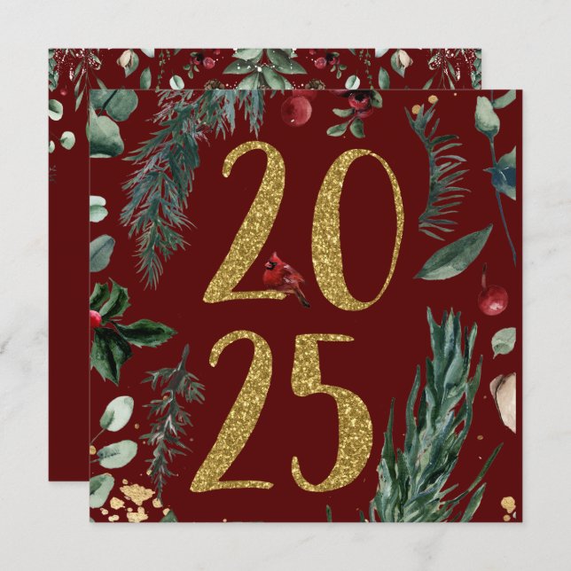 Elegante Tarjeta Rustic Red 2025 de Año Nuevo (Anverso / Reverso)