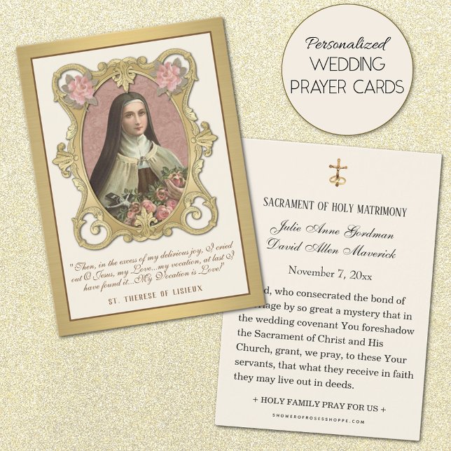 Elegante Tarjeta Sagrada Boda de Rosas de Gold St. (Personalized Catholic Wedding Holy Card with Beautiful Image of St. Therese of Lisieux.)