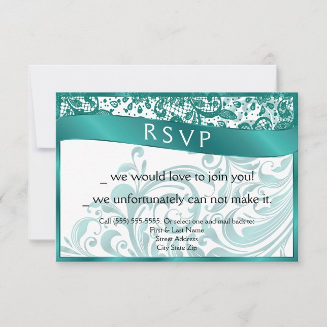 Elegante Tarjeta Swirl RSVP 3.5x5 - Verde azulado (Anverso)