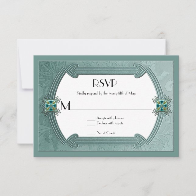 Elegante tarjeta Verde azulada Damask Jewels RSVP (Anverso)