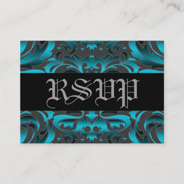 Elegante Tarjeta Verde azulada  Damask RSVP Boda (Anverso)
