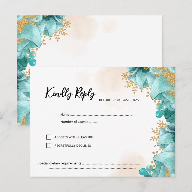 Elegante tarjeta Verde azulada Floral RSVP (Anverso / Reverso)