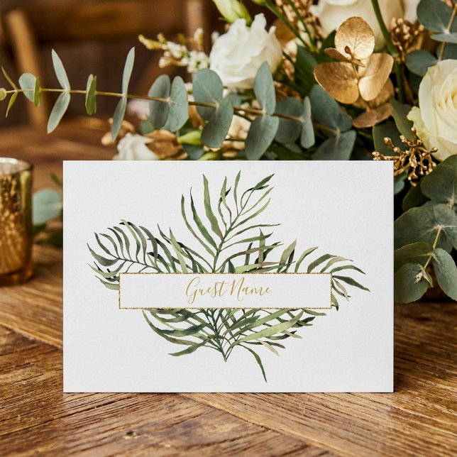 Elegante tarjeta verde y dorada de mesa (Elegant Green and gold Leaf Table Place Card.)
