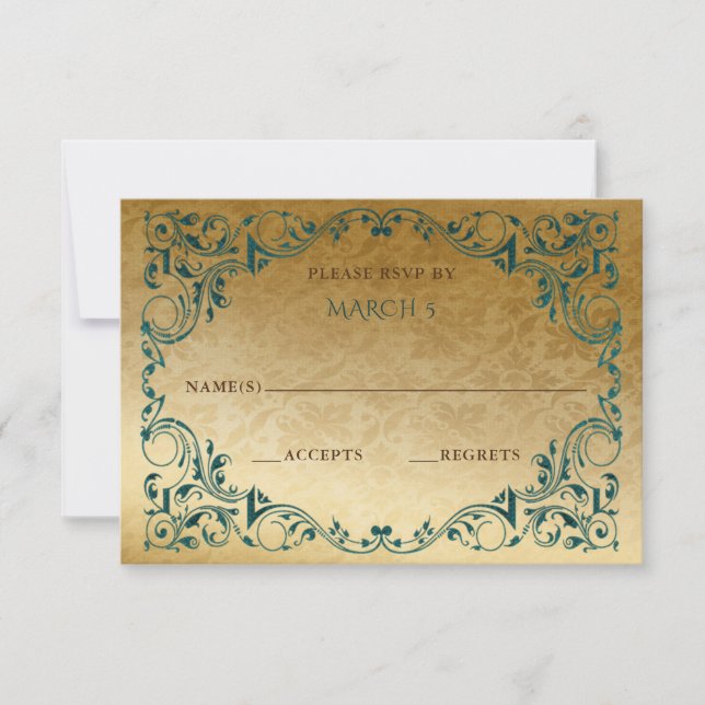 Elegante tarjeta Vintage Green Gold RSVP (Anverso)