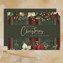 Elegante Tartan Plaid Poinsettias Feliz Navidad